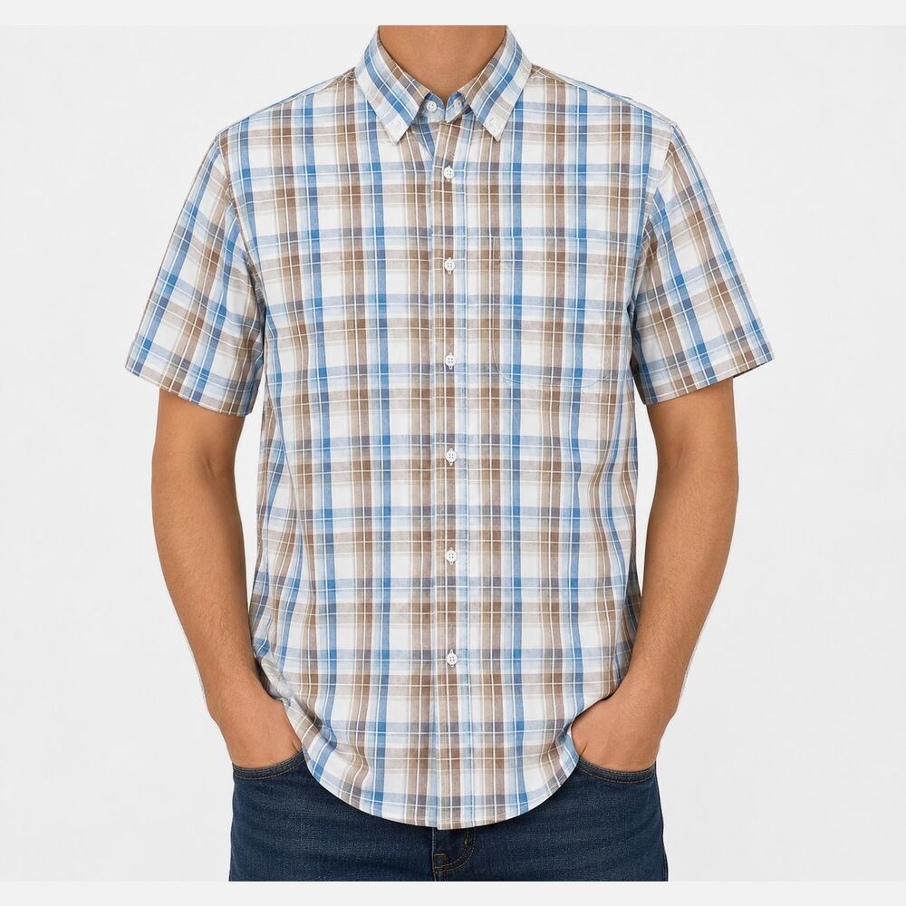 Gioberti Shirt Mens Medium Blue Brown Plaid Cotton Short Sleeve Button-Down